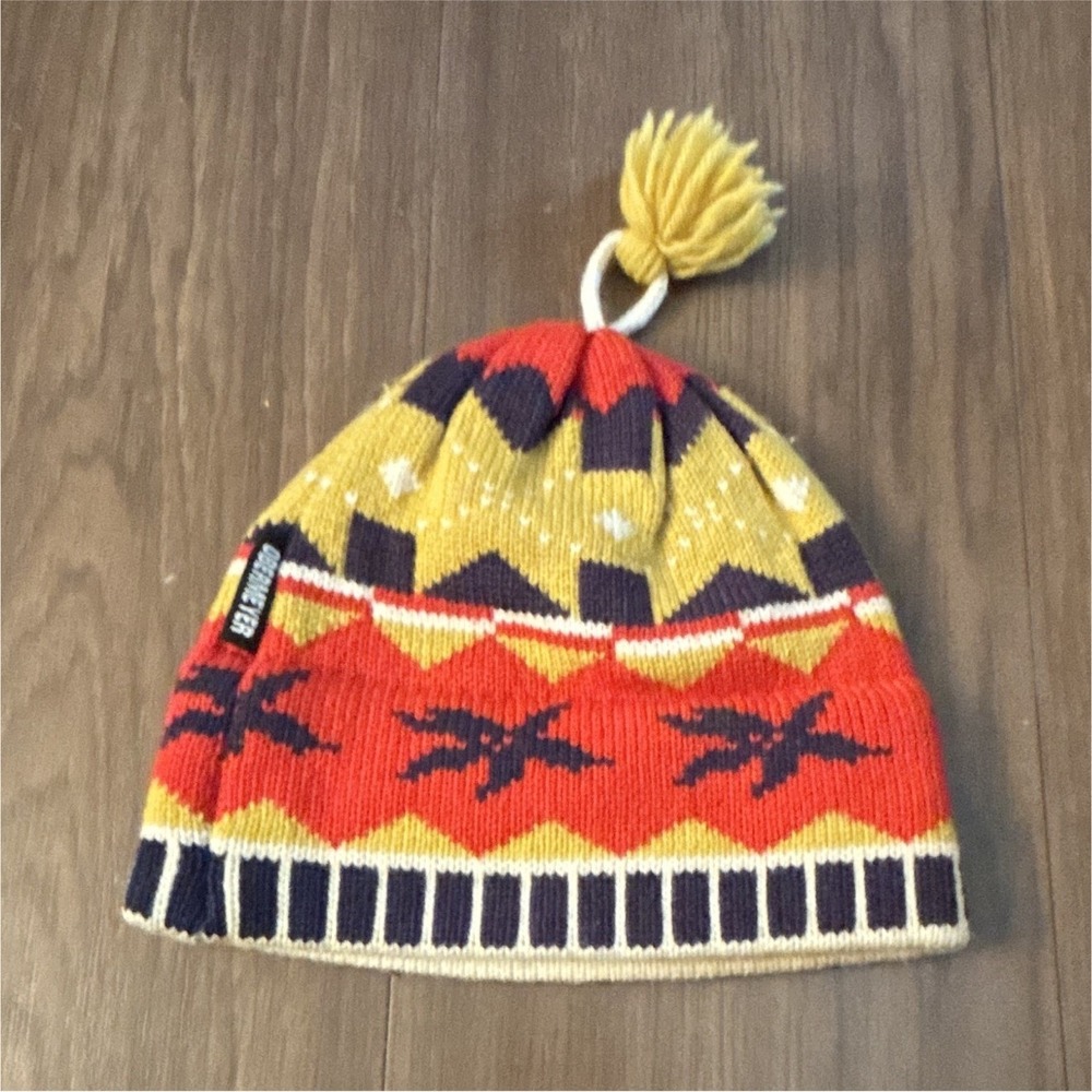 Vintage Obermeyer Hand Knit Beanie Ski Hat Wool Aztec Orange Yellow USA Made
